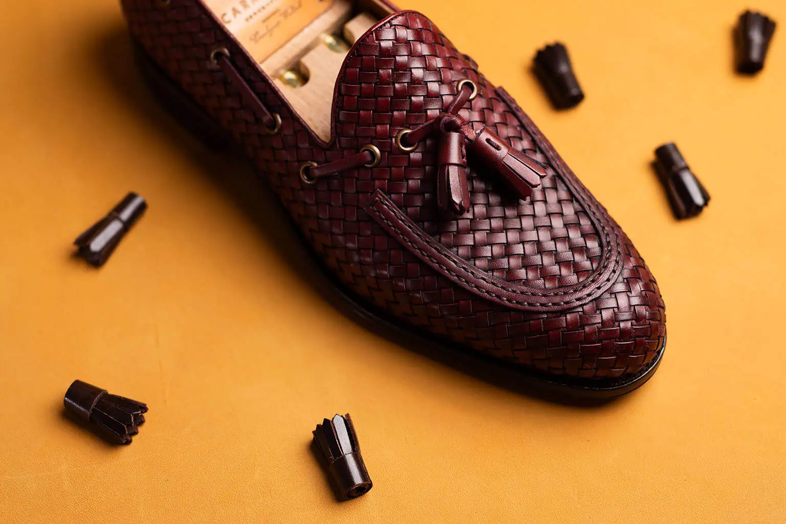 Woven leather tassel loafer by Carmina Shoemaker